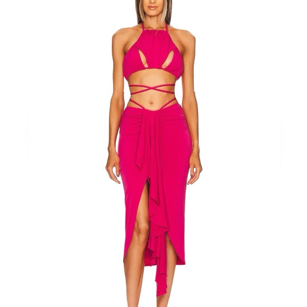 Michael Costello x Revolve Pink Strappy Halter Top Midi Skirt Set XS/XXS